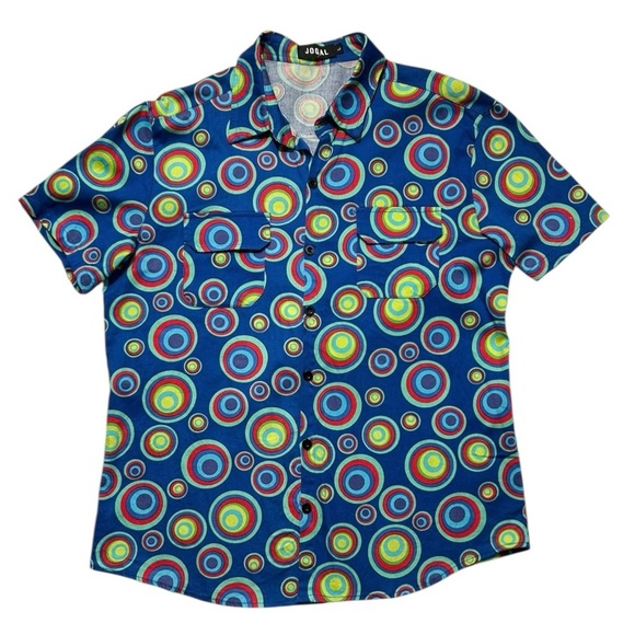 JOGAL Circle Pattern Short Sleeve Shirt sz L Casual Button Pockets Colorful Fun - Picture 1 of 8